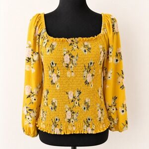 Cottagecore Yellow Floral Boho Smocked Peasant Top Belle Tweed Women's XL
